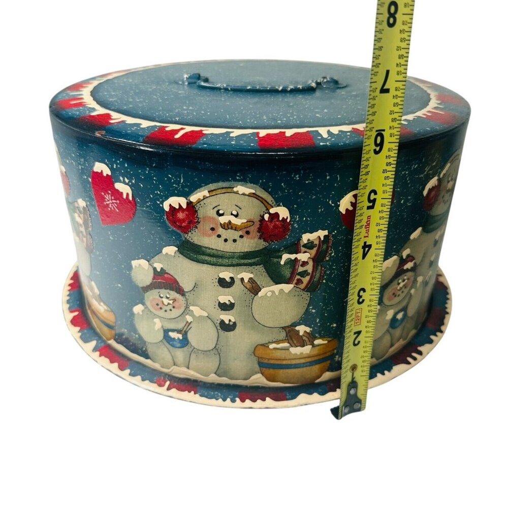 Vintage Metal Cake Carrier Christmas Holiday Snowman Painted - Picture 5 of 16